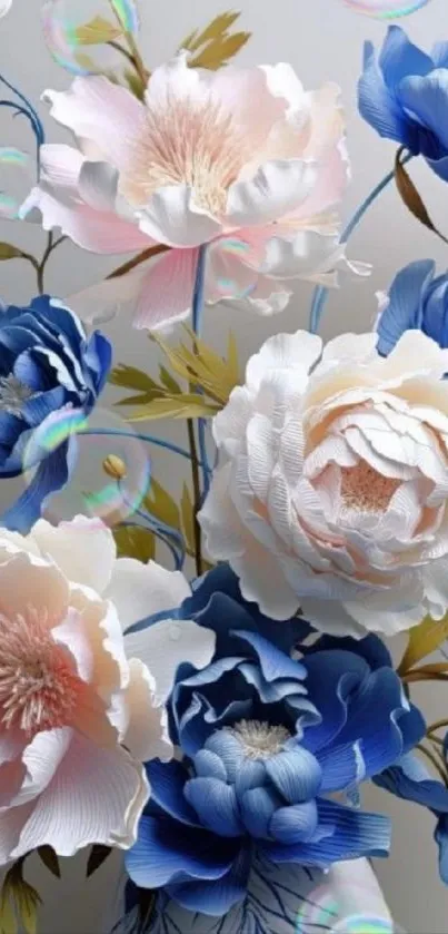 Delicate blue and white floral wallpaper art.