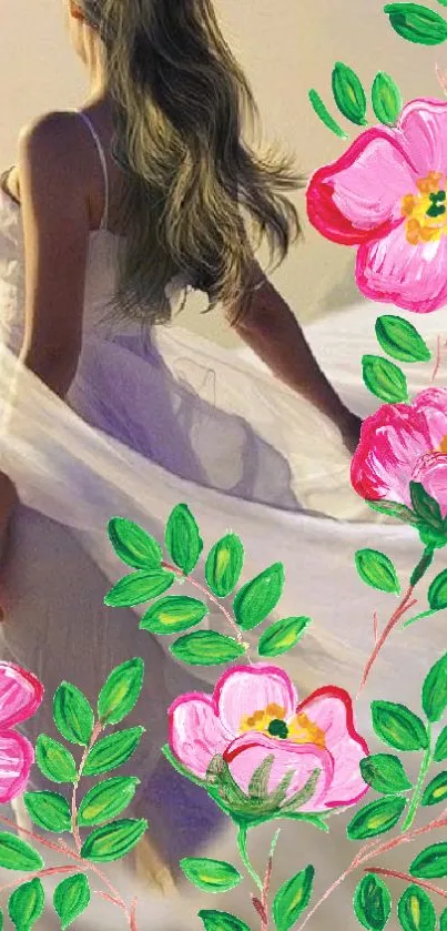 Elegant floral mobile wallpaper with pink flowers and graceful silhouette.