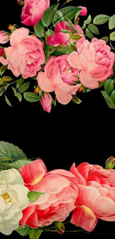 Elegant pink floral wallpaper on black background.