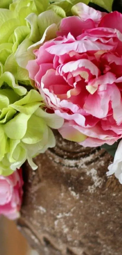 Pink and green flowers on a textured background, elegant mobile wallpaper.