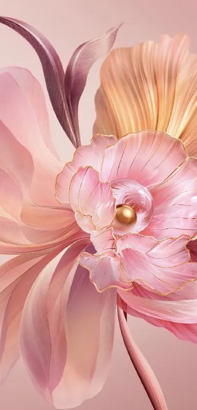 Elegant pink floral wallpaper with gold highlights.