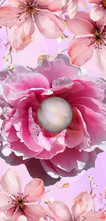 Elegant pink floral wallpaper with blossoms.
