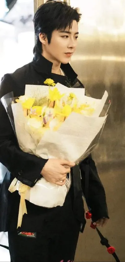 Person holding a vibrant yellow floral bouquet.