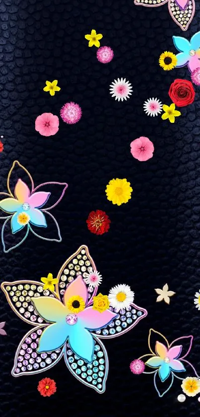 Elegant floral mobile wallpaper with black background and colorful designs.