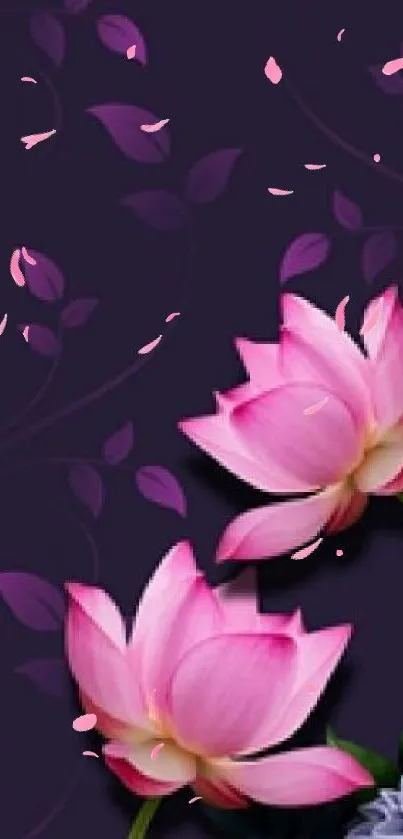 Elegant pink flowers on a deep purple background mobile wallpaper.