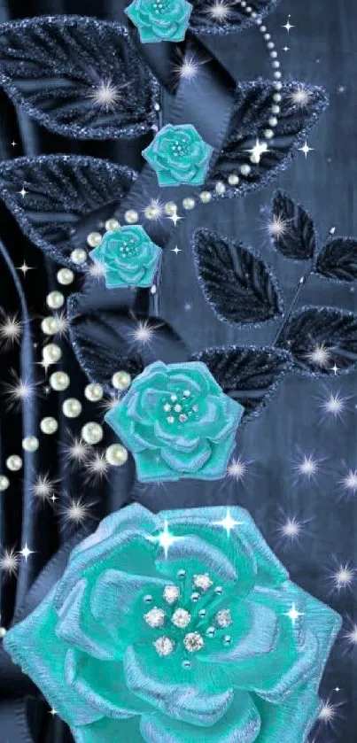 Elegant wallpaper with turquoise flowers and beads.