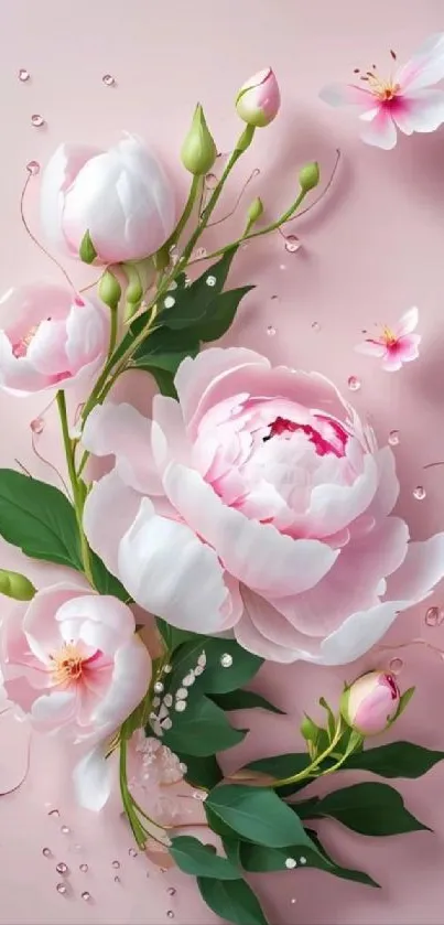 Elegant pink peony floral mobile wallpaper with green leaves.