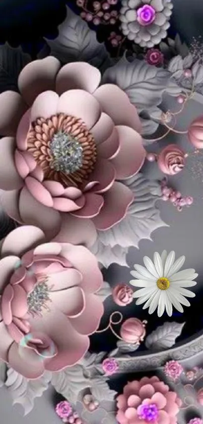 Elegant 3D floral design with pink roses on a gray background.