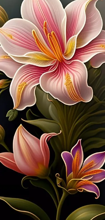 Elegant floral wallpaper with pink lilies and lush greens.