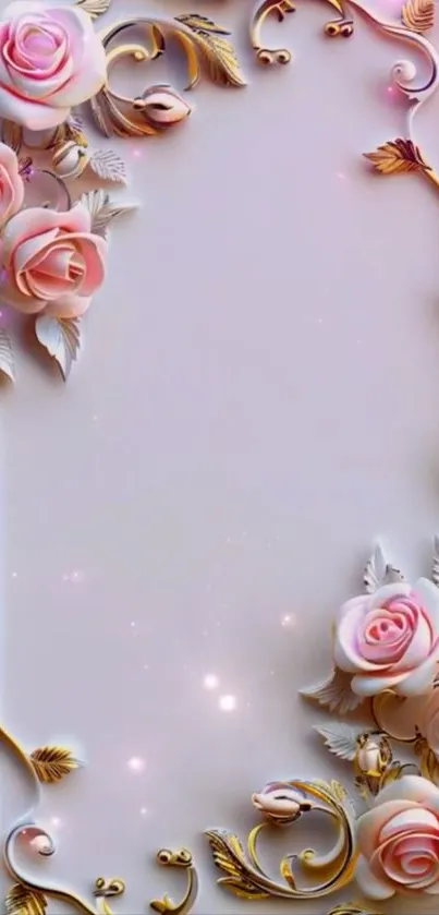 Mobile wallpaper with pink roses and gold ornate frame.