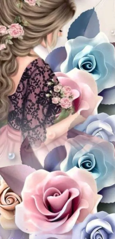 Elegant woman with roses mobile wallpaper in pastel colors.