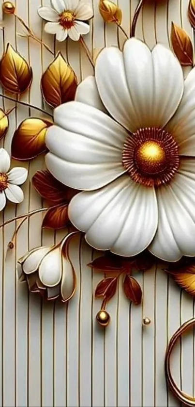 Elegant floral wallpaper with white flowers and golden leaves.