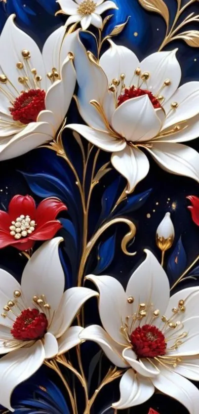 Elegant wallpaper featuring white and red flowers on a navy background.