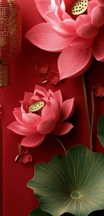 Elegant lotus flowers and lantern on a red background.