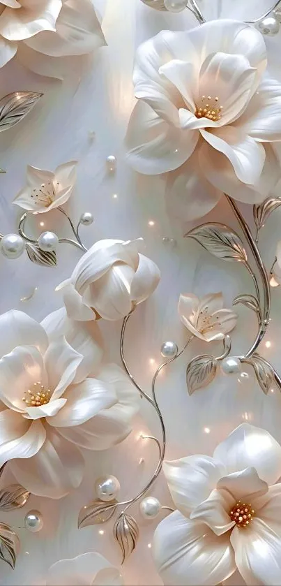 Elegant floral wallpaper with white flowers and pearls.