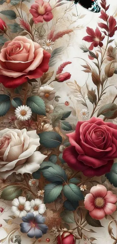 Elegant floral wallpaper with roses and daisies.