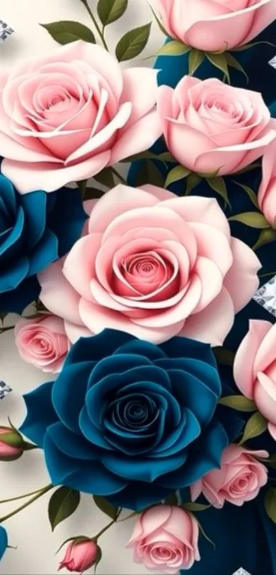 Beautiful blue and pink rose wallpaper with diamonds.