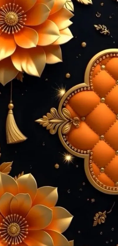 Luxurious 3D black and gold floral wallpaper for mobile.