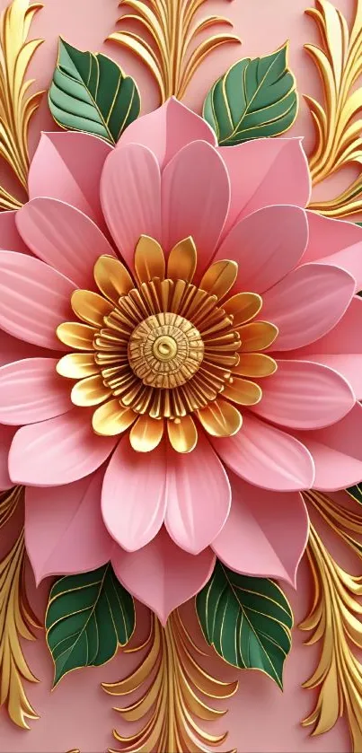 Elegant floral wallpaper with pink and gold design.