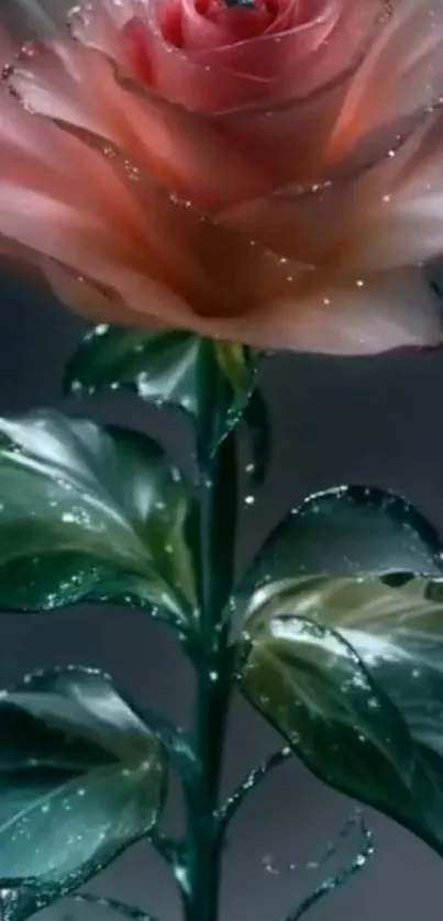 Elegant rose with dew drops on green leaves.