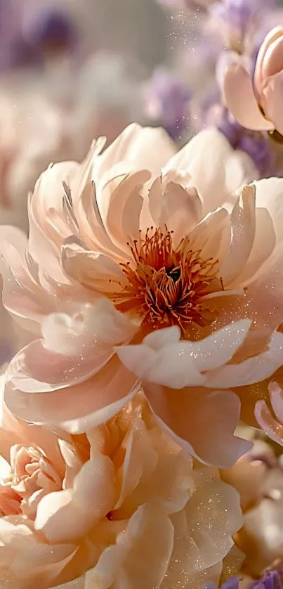 Elegant floral wallpaper with soft pastel blossoms in peach and lavender hues.