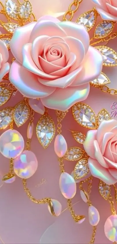 Elegant pink roses with gold accents on mobile wallpaper.