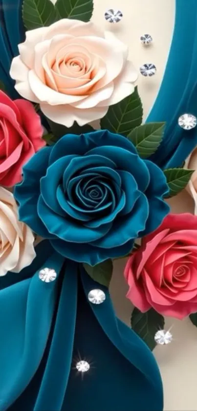 Elegant floral wallpaper with vibrant roses and teal accents.