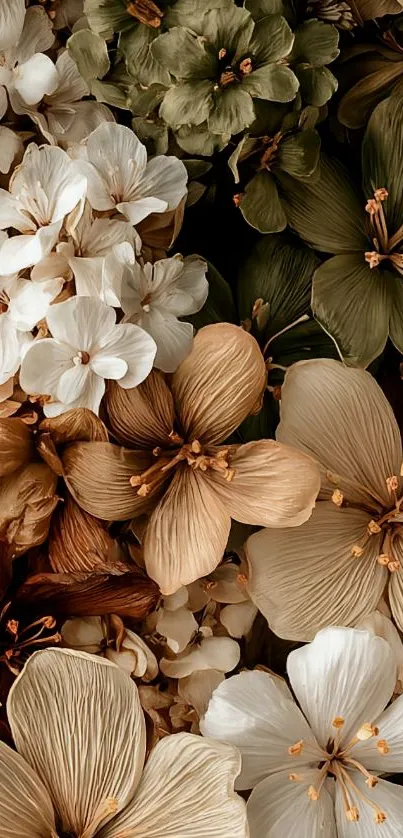 Elegant floral mobile wallpaper with beige and cream blossoms.