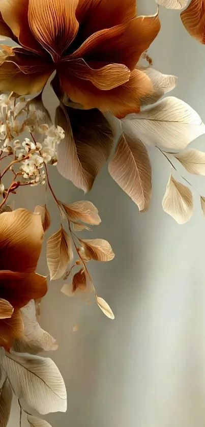 Elegant wallpaper with brown flowers and leaves.