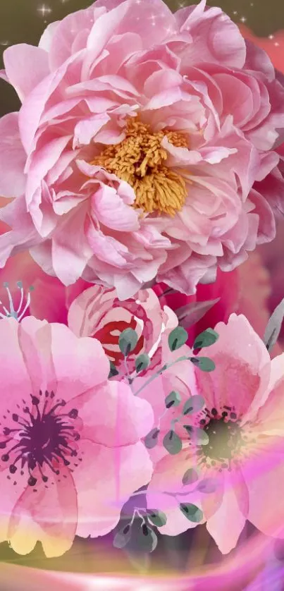 Elegant floral wallpaper with pink peonies and soft roses.