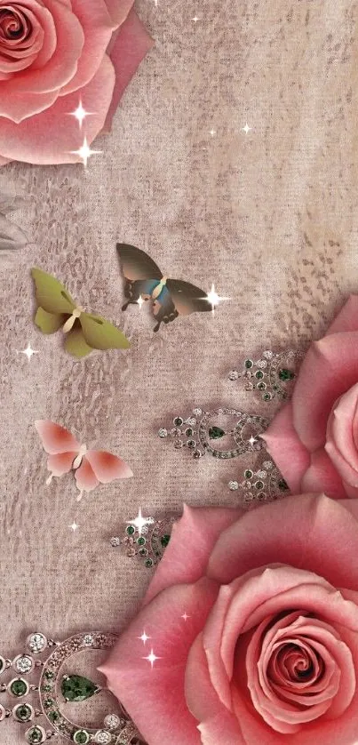 Mobile wallpaper with pink roses and butterflies on a vintage-style background.