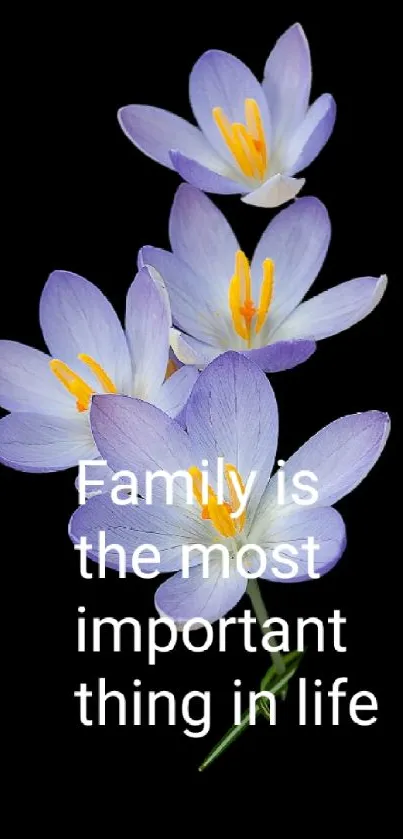 Purple flowers with inspiring family quote on black background.