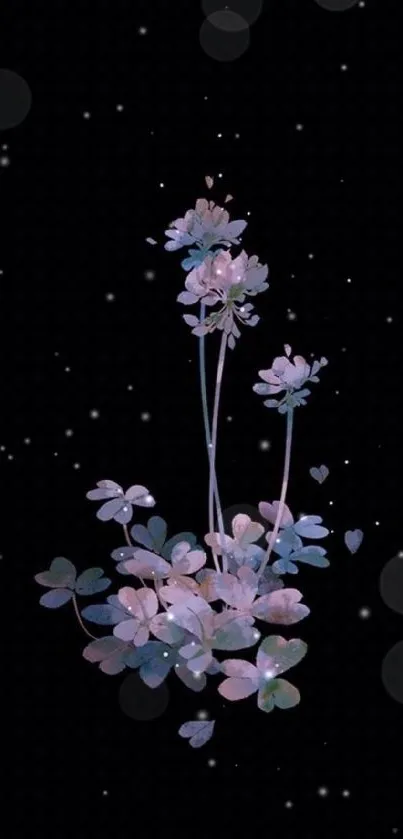 Elegant mobile wallpaper with pastel flowers on black background.