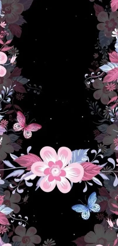 Elegant floral wallpaper with butterflies on a black background.