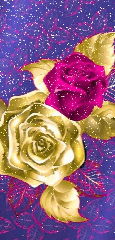 Elegant floral phone wallpaper with purple and gold roses.