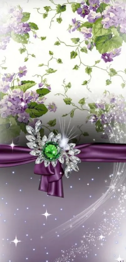 Elegant wallpaper with purple flowers and a sparkling emerald accent.