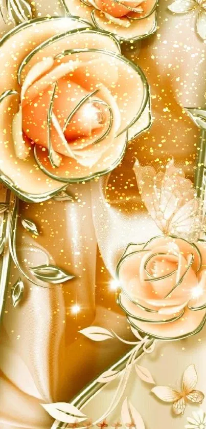 Elegant mobile wallpaper with beige and peach roses and leaves.