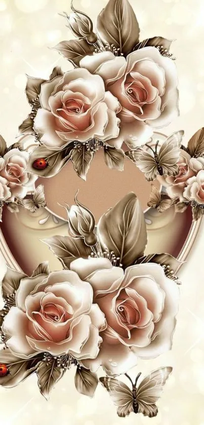 Mobile wallpaper with beige roses and butterflies in a floral design.