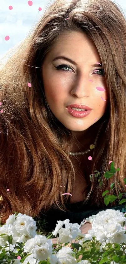 Woman with long hair among white flowers in a nature setting.