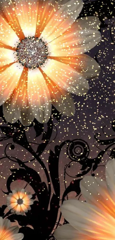 Elegant mobile wallpaper with glowing flowers on dark background.