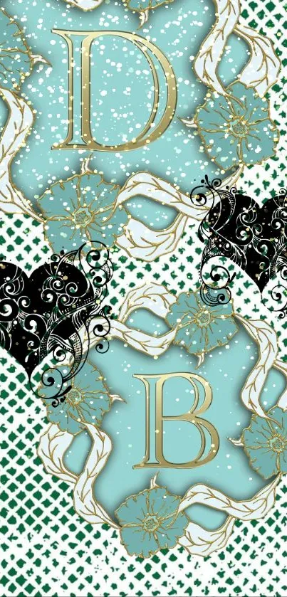 Floral monogram wallpaper with teal and gold design featuring initials D and B