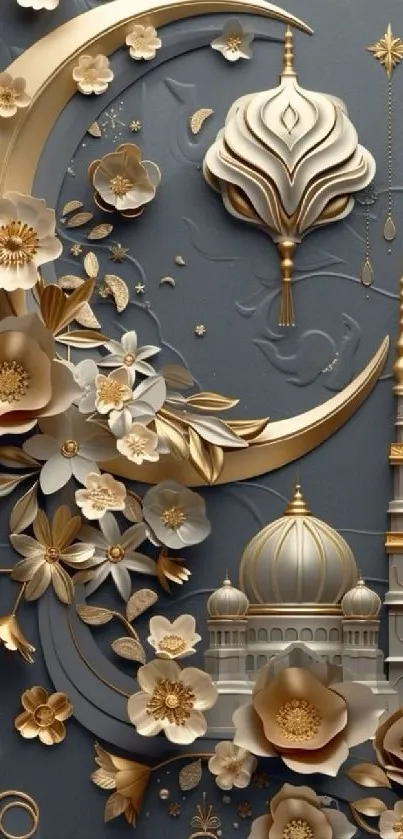 Elegant floral wallpaper with crescent and golden details.