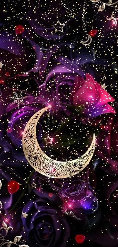 Intricate moon with purple roses wallpaper.