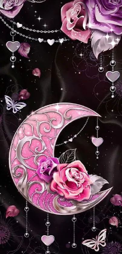 Pink moon with roses and butterflies on dark background wallpaper.