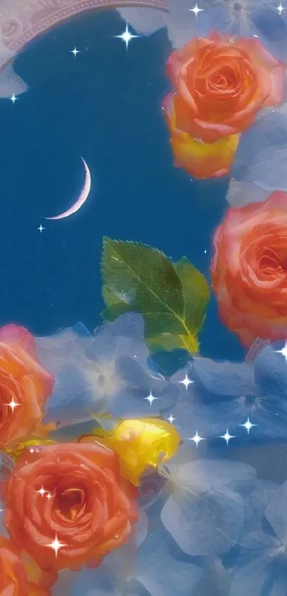 Crescent moon and roses with blue hydrangeas wallpaper.