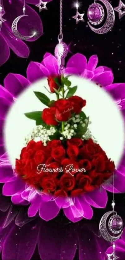 Elegant wallpaper with red roses and purple floral moon.