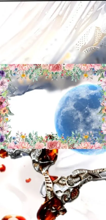 Elegant wallpaper with floral border and blue moon.