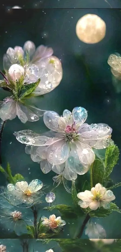 Moonlit floral scene with dew-covered blossoms.