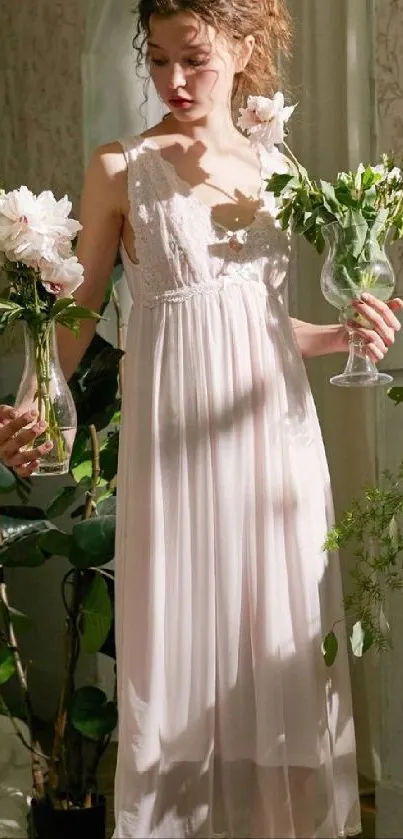 Woman in light pink dress holding flowers indoors.