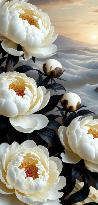 Elegant mountain sunrise with blooming peonies